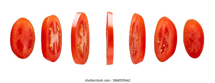 Red tomato slices levitating in the air isolated on white background - Shutterstock ID 1868339662