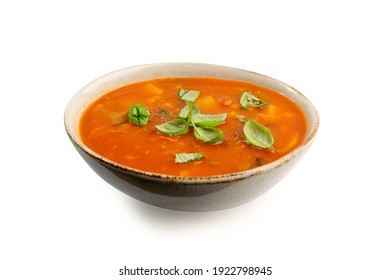 Red Tomato Soup With Barley And Vegetables Isolated On White. Homemade Creamy Tomato Chowder With Potato, Carrot, Cabbage, Onion And Cereals