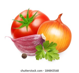 Red Tomato,garlic, Onion And Parsley Spice Isolated On White Background