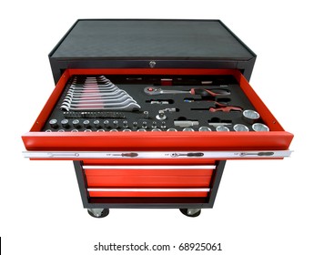 Red Toolbox On Wheels With Open Tray Isolated On White