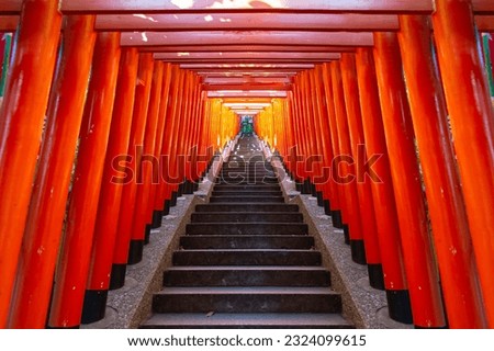 red torii tunnel and the stairs leading up to Hie Shrine, This is a famous shrine. in Tokyo Japan.