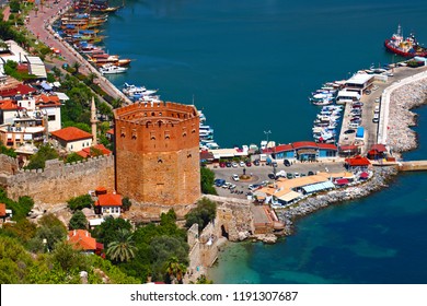 Red Tower and Marina view from Alanya Castle in Antalya, Turkey.