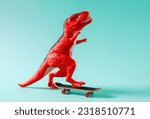 Red toy dinosaur skateboarding on blue background.