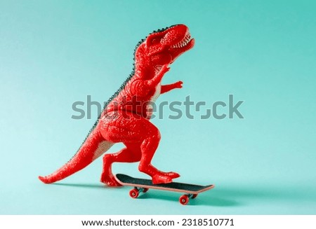 Red toy dinosaur skateboarding on blue background.