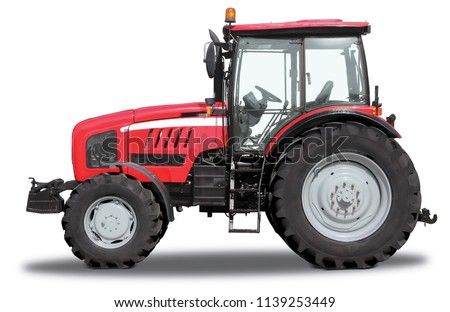 Red tractor from one side, isolated on white background 