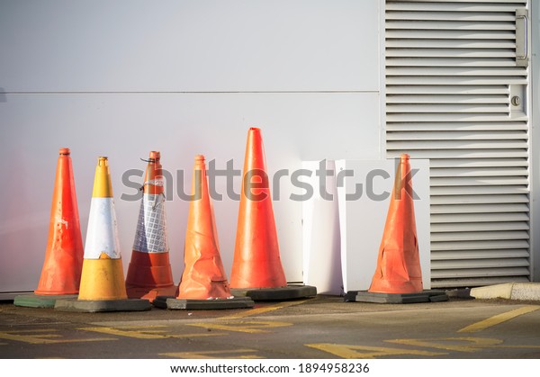 Red traffic\
cones at construction site plant\
room