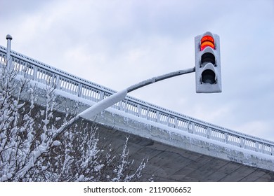 Red traffic light, bridge and tree covered with snow and cloudy sky in the background.
 - Shutterstock ID 2119006652