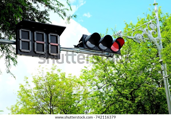 Red\
traffic light in the city, traffic light semaphore\
