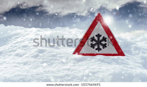 red traffic\
sign snowfall in winter\
landscape