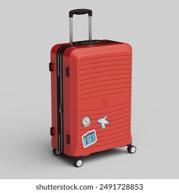 Red travelling suitcase with stickers on it