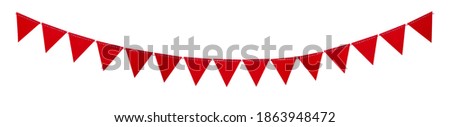 Red triangle flags hanging on white background. Christmas or birthday decoration. Long banner