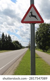 Red Triangular Deer Crossing Wildlife Warning Sign on Rural Countryside Road
