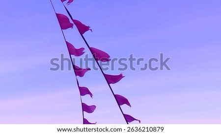 Red triangular flags flutter in the strong wind against a bright pink sky, sunset tinted.
