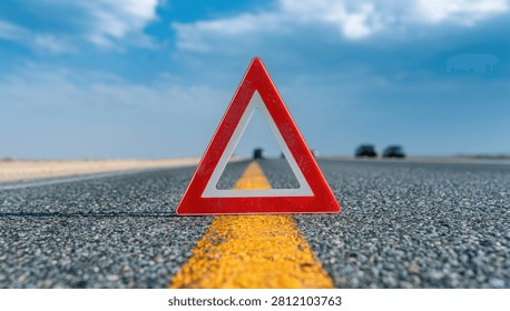 A red triangular warning sign stands prominently on a paved road, with a yellow line leading towards it. The sky above is filled with dramatic clouds.
