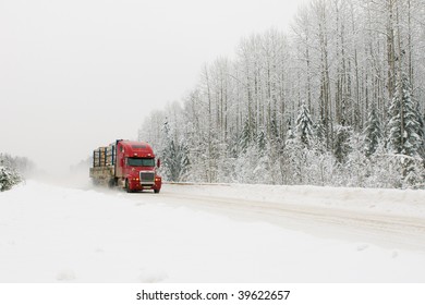 Red Truck On Winter Road