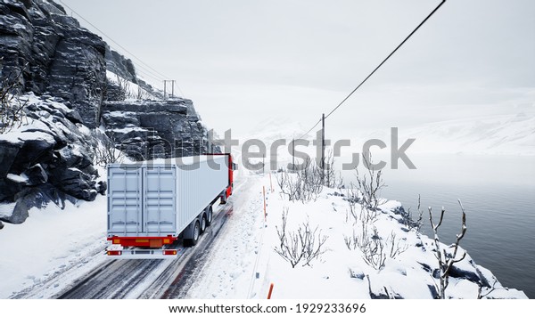 Red truck\
transport with container on winter\
road