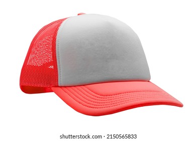 Red Trucker Cap Isolated On White Background. Basic Baseball Cap. Mock-up For Branding.