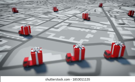 Red Trucks With Large Christmas Gift On A Road City Map For Parcel Delivery