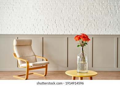 Red tulip in vase at the room, decorative interior wall background style.