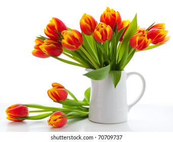 red tulips in a jug on white background