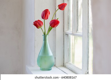 Red Tulips In Vase On White Background