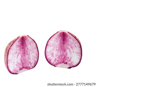 Red turnip slice macro isolated on white background fresh root vegetable