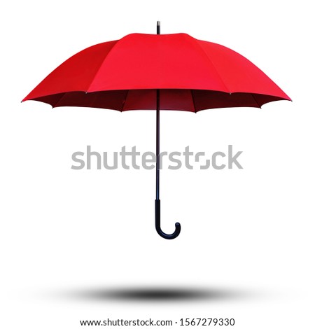 Red Umbrella opened photo camera down angle view isolated on white background. This has clipping path.  