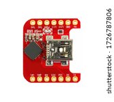 Red universal USB to TTL PCB board surface mount components in a close-up top view