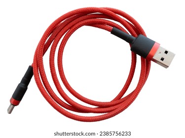 Red USB Type-C cable isolated on a transparent background. Phone charging cable PNG with transparency.