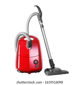 Red Vacuum Cleaner Isolated On White. Hoover With Ultra-Low Noise Level & Motor Protection System. House Cleaning Equipment Tool. Electric Major Domestic Appliances. Household And Home Appliance