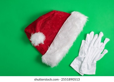 Red velour Santa hat and white gloves on green background - Powered by Shutterstock