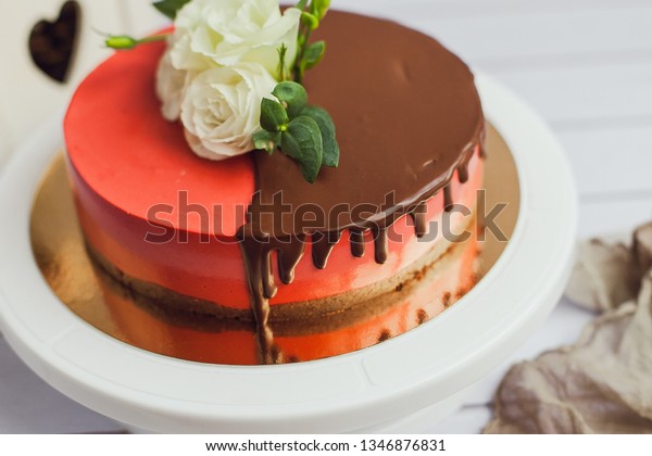 Red Velvet Cake Half Covered Chocolate Stock Photo Edit Now