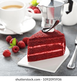 Red Velvet Cake Slice With A Cup Of Cofee