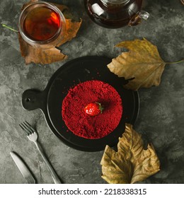 Red Velvet Cake Top View Autumn Background