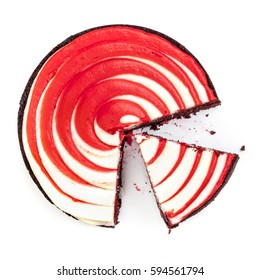 Red Velvet Cake With Wedge Cut.  Top View, Isolated On White.