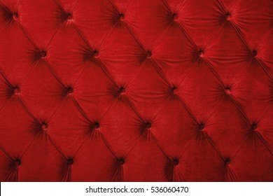 Red Velvet Capitone Textile Background, Retro Chesterfield Style Checkered Soft Tufted Fabric Furniture Diamond Pattern Decoration With Buttons, Close Up