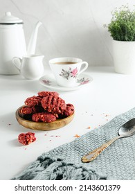 Red Velvet Cookies With Tea On White Background 