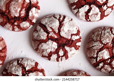 Red Velvet Crinkle Cookies On A White Baking Paper. Chocolate Chip Cookie With Cracks.