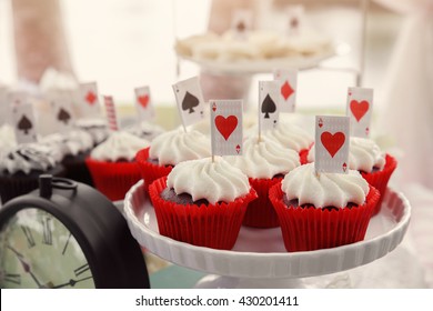 Red Velvet Cupcakes With Playing Cards Toppers, Alice In Wonderland Mad Hatters Tea Party