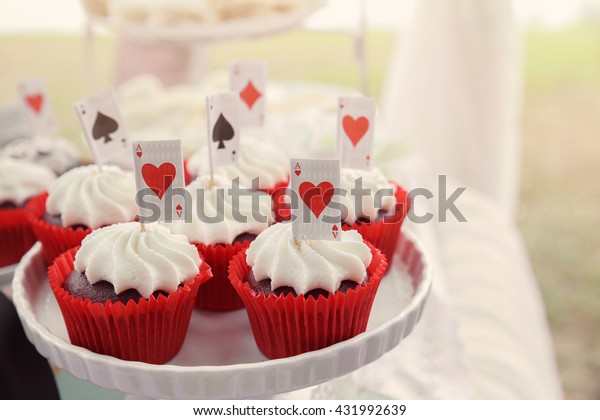 Red Velvet Cupcakes Playing Cards Toppers Stock Photo Edit Now