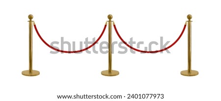 red velvet rope barrier and 3 golden poles isolated on white background