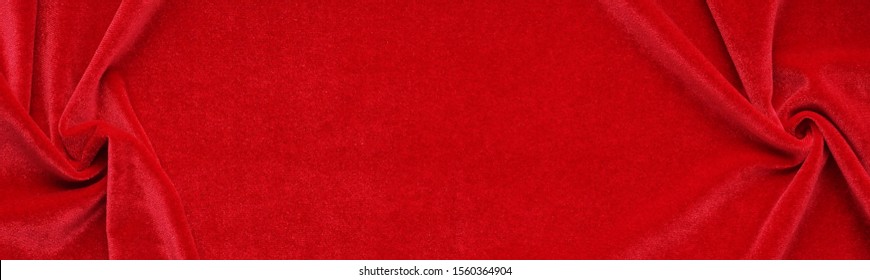 Red Velvet Texture Long Banner. Christmas Background With Copy Space. Expensive Luxury Fabric,  Wallpaper.