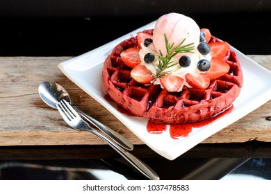 Red Velvet Waffle With Ice Cream And Fruits