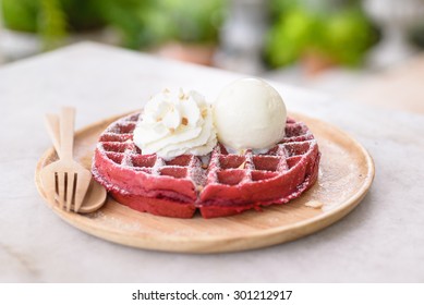 Red Velvet Waffles With Ice Cream