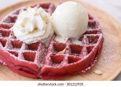 Red Velvet Waffles With Ice Cream