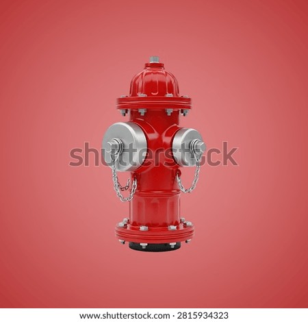 Red vintage fire hydrant with two side nozzles and chain on red background
