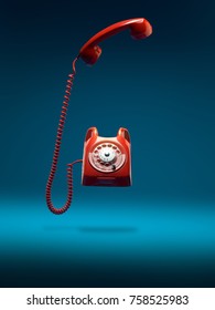 Red Vintage Phone Ringing With Handset Off The Hook, On Blue Background