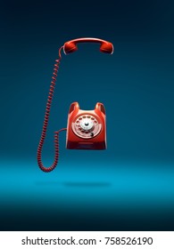 Red Vintage Phone Ringing With Handset Off The Hook, On Blue Background