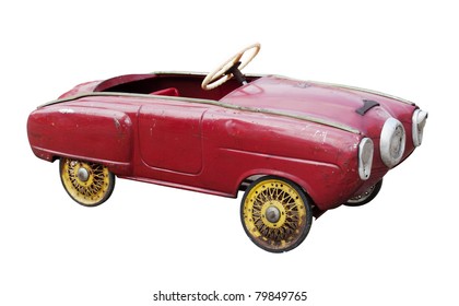 Red vintage toy car isolated on white