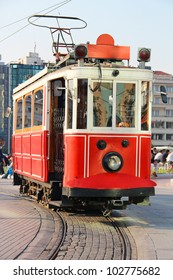 Red Vintage Tram On Taksim Square In Istanbul, Turkey